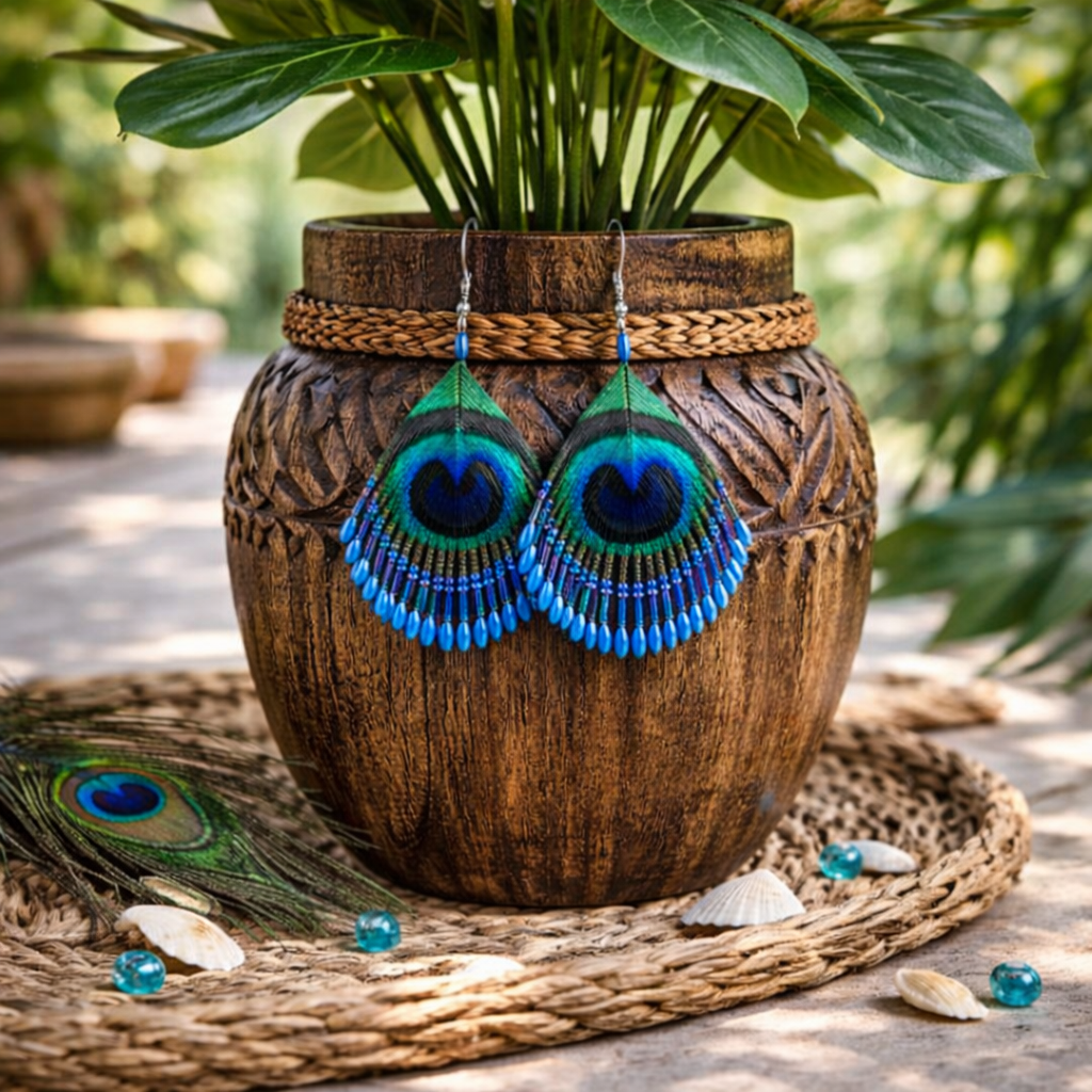 Boucles d'oreilles plume de Paon Perlées