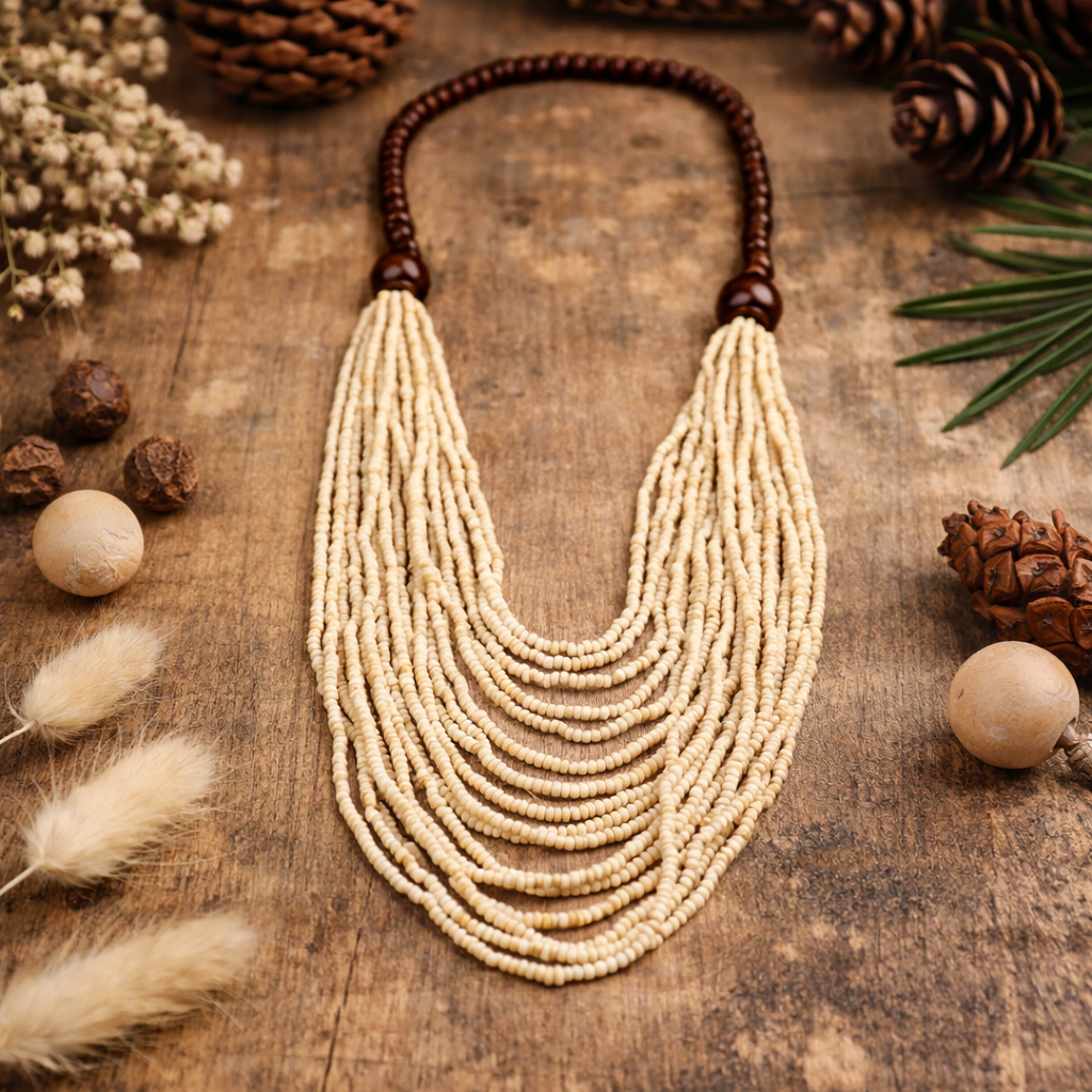 Collier Perles de Miyuki Crème et Perles de Bois