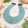 Collier Perles de Miyuki Turquoise Multi-rangs et Bois Naturel