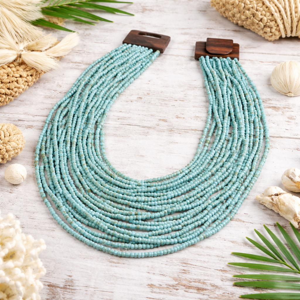 Collier Perles de Miyuki Turquoise Multi-rangs et Bois Naturel
